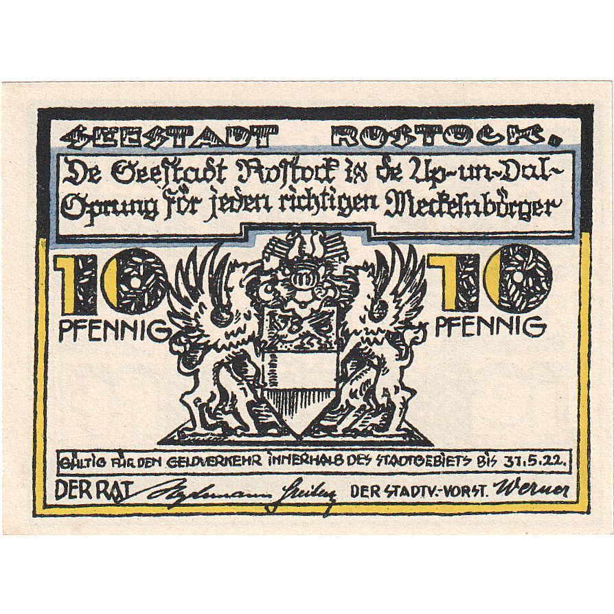 Nota, Alemanha, Rostock, 10 Pfennig, château, 1922 UNC(63) Mehl:FS 1138.1
