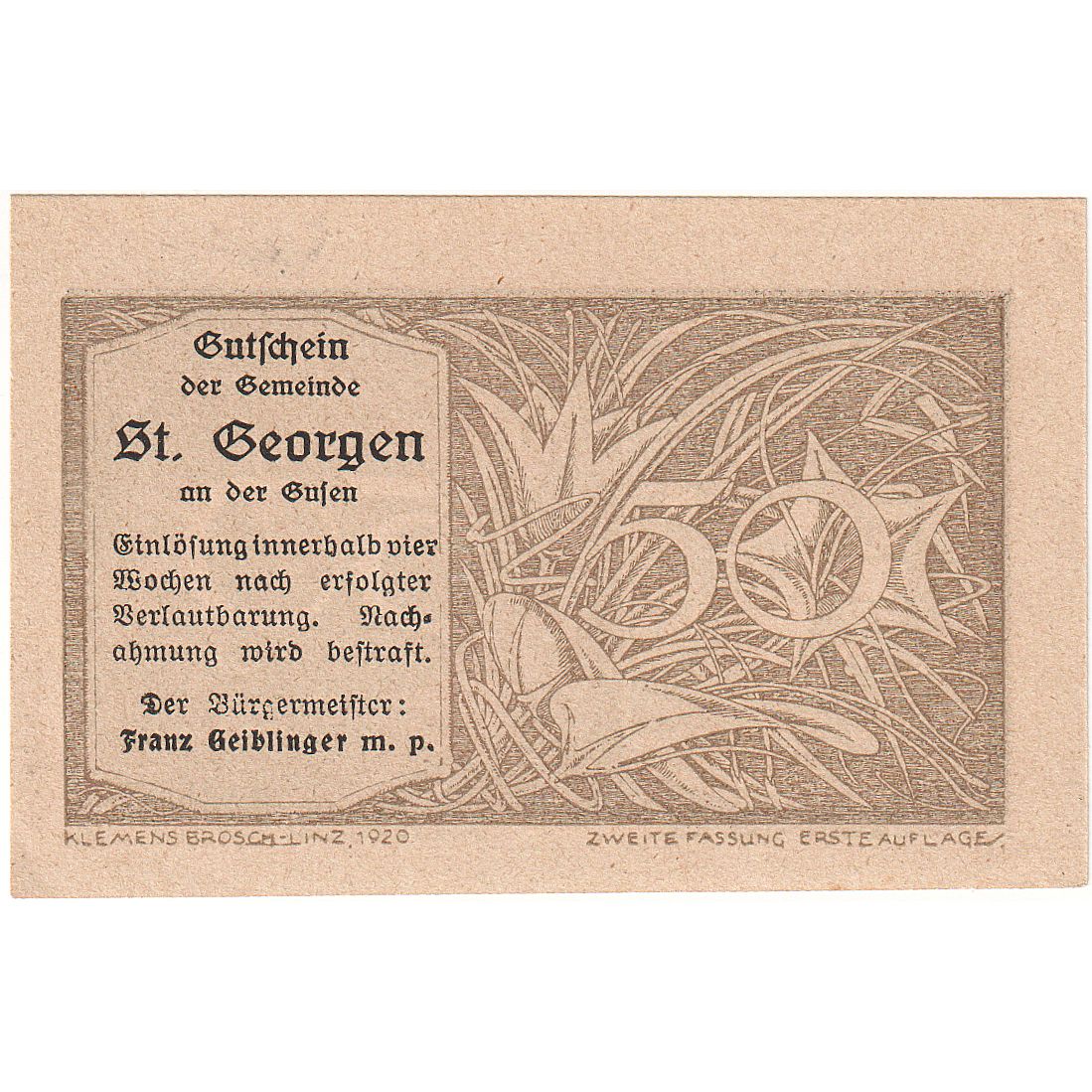 Billet, Autriche, St Georgen, 50 Heller, Fleur, 1920, SPL, Mehl:FS 886IIb