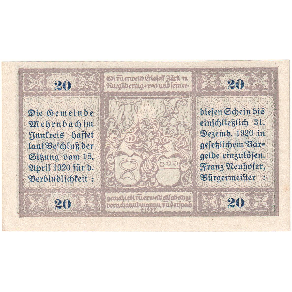 Biljet, Oostenrijk, Mehrnbach, 20 Heller, Monument, 1920 SPL Mehl:FS 604.1
