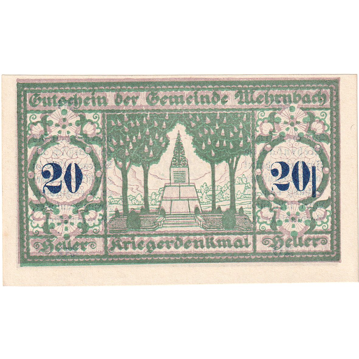 Biljet, Oostenrijk, Mehrnbach, 20 Heller, Monument, 1920 SPL Mehl:FS 604.1