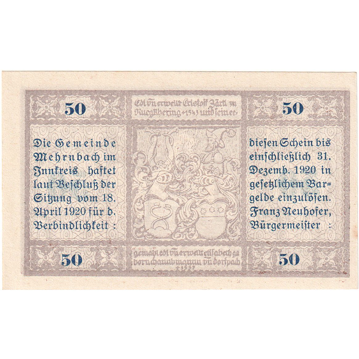 Banconote, Austria, Mehrnbach, 50 Heller, parc 1920 SPL, Mehl:FS 604.1