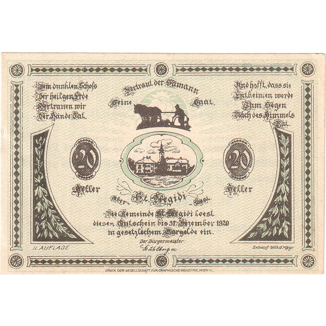 Banknote, Austria, St Aegidi, 20 Heller village, 1920, UNC(63) Mehl:FS 875IIa