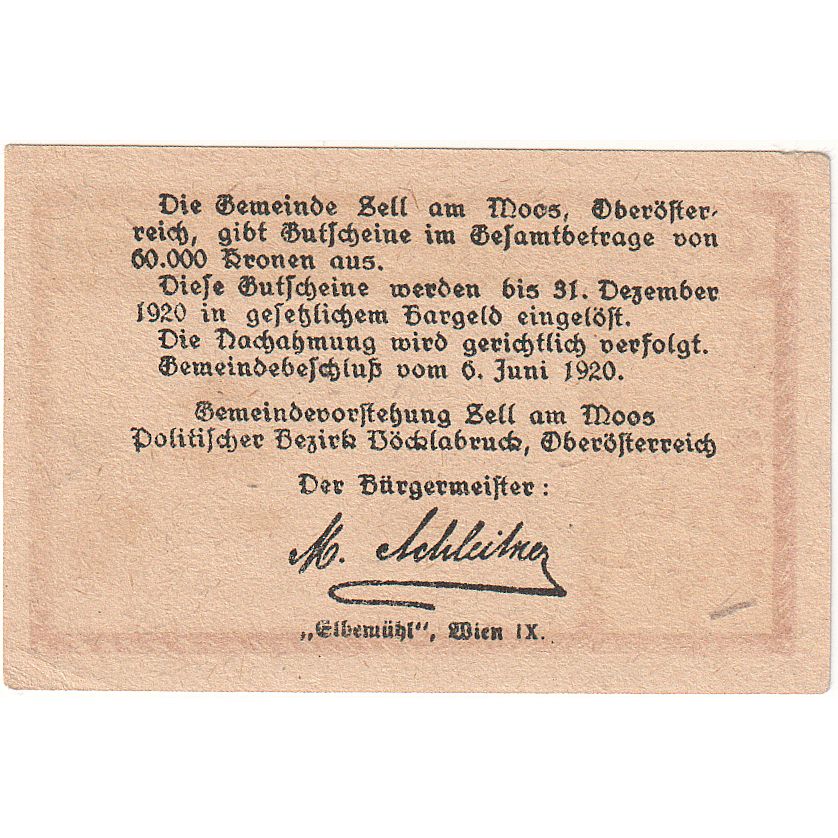 Biljet, Oostenrijk, Zell am Moos, 10 Heller, chalet 1920-12-31, SPL Mehl:FS 1268