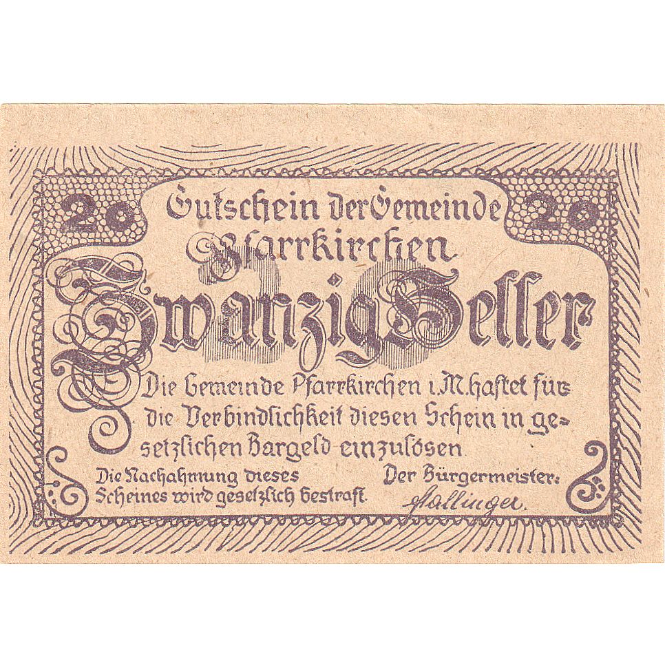 Biljet, Oostenrijk, Pfarrkirchen, 20 Heller, paysage, 1920 SPL Mehl:FS 744Ic