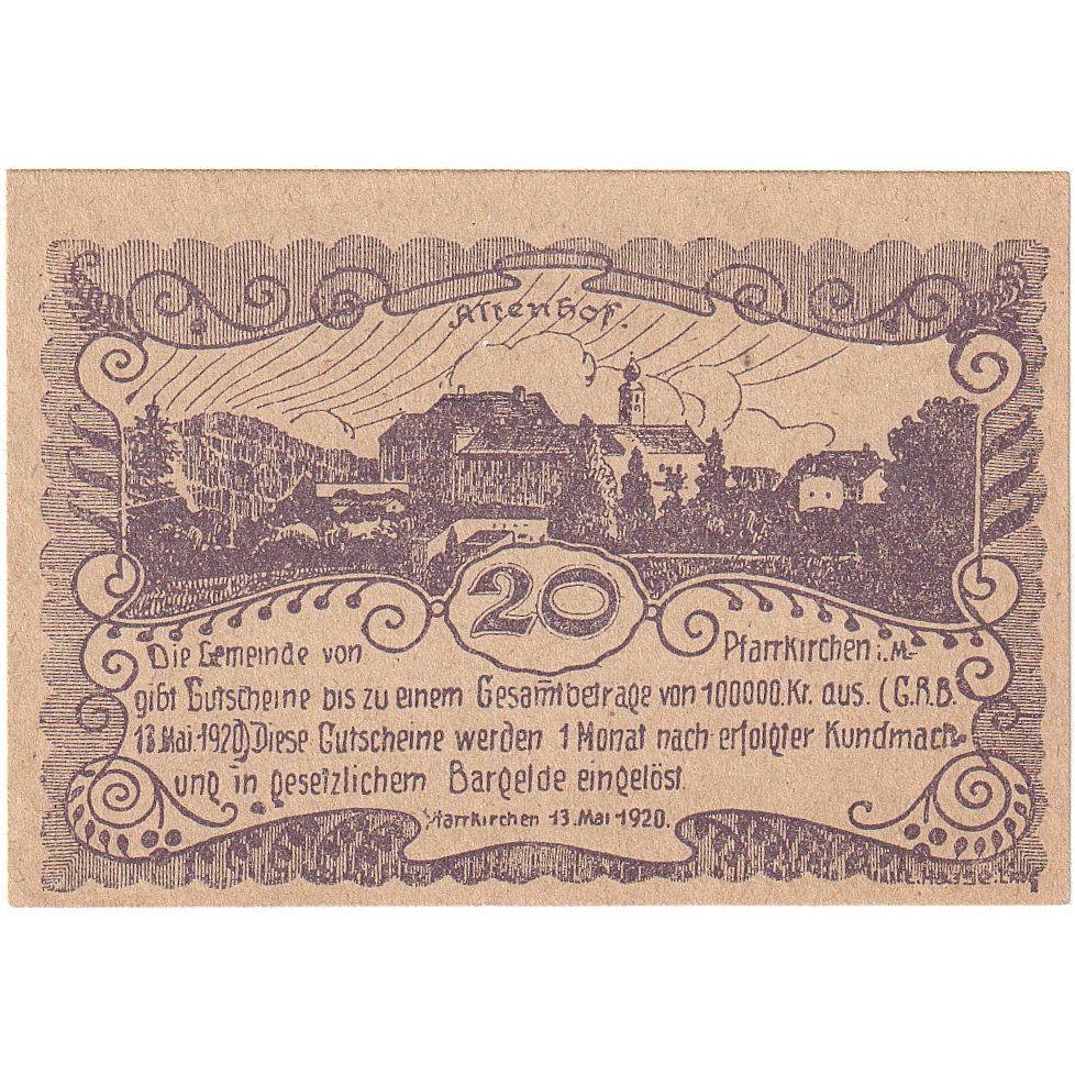 Biljet, Oostenrijk, Pfarrkirchen, 20 Heller, paysage, 1920 SPL Mehl:FS 744Ic