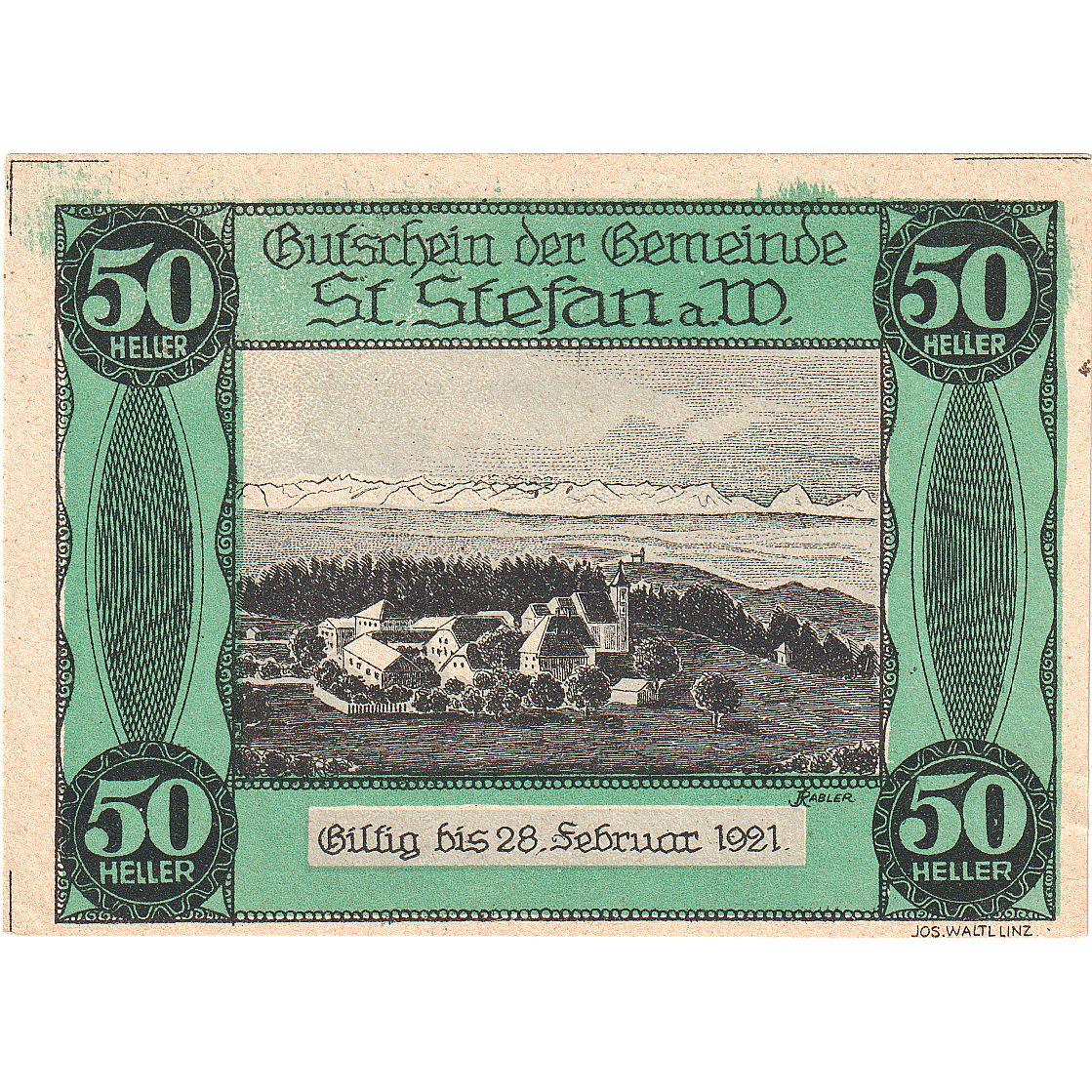 Billete, Austria, St Stefan, 50 Heller, village 1921-02-28, SC, Mehl:FS 937a