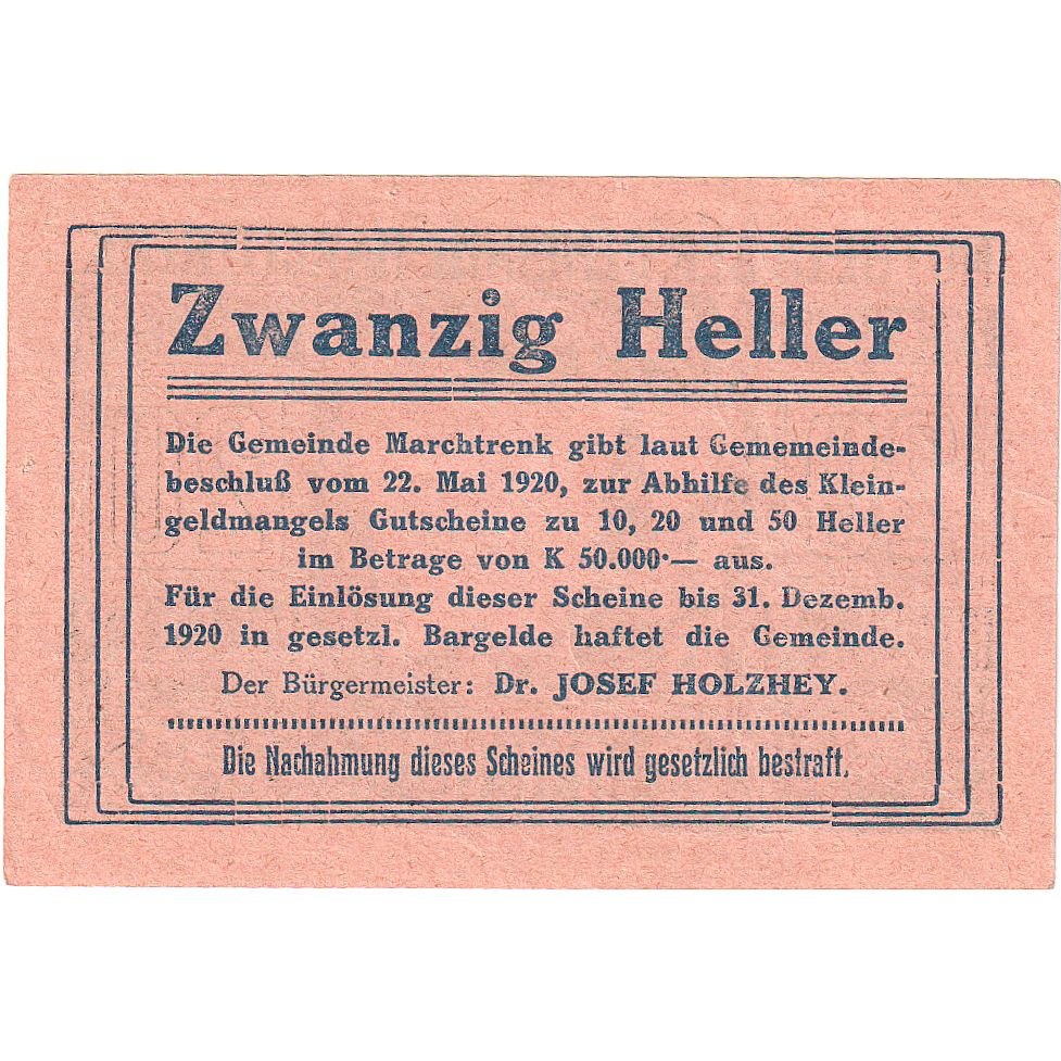 Biljet, Oostenrijk, marchtrenk, 20 Heller, Eglise, 1920 SPL Mehl:FS 581c