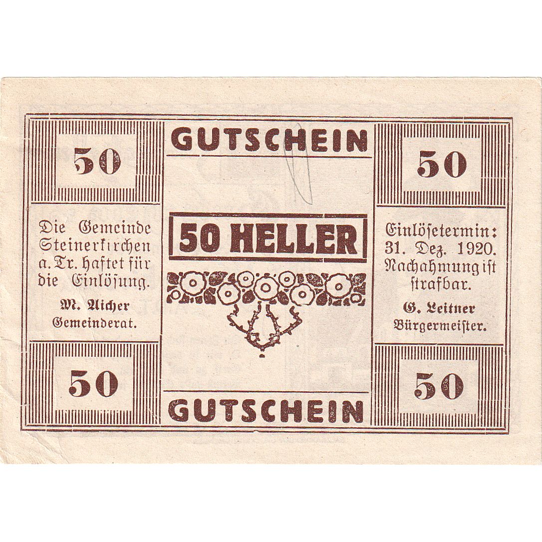 Biljet, Oostenrijk, Steinerkirchen, 50 Heller, Eglise, 1920 SUP Mehl:FS 1029I