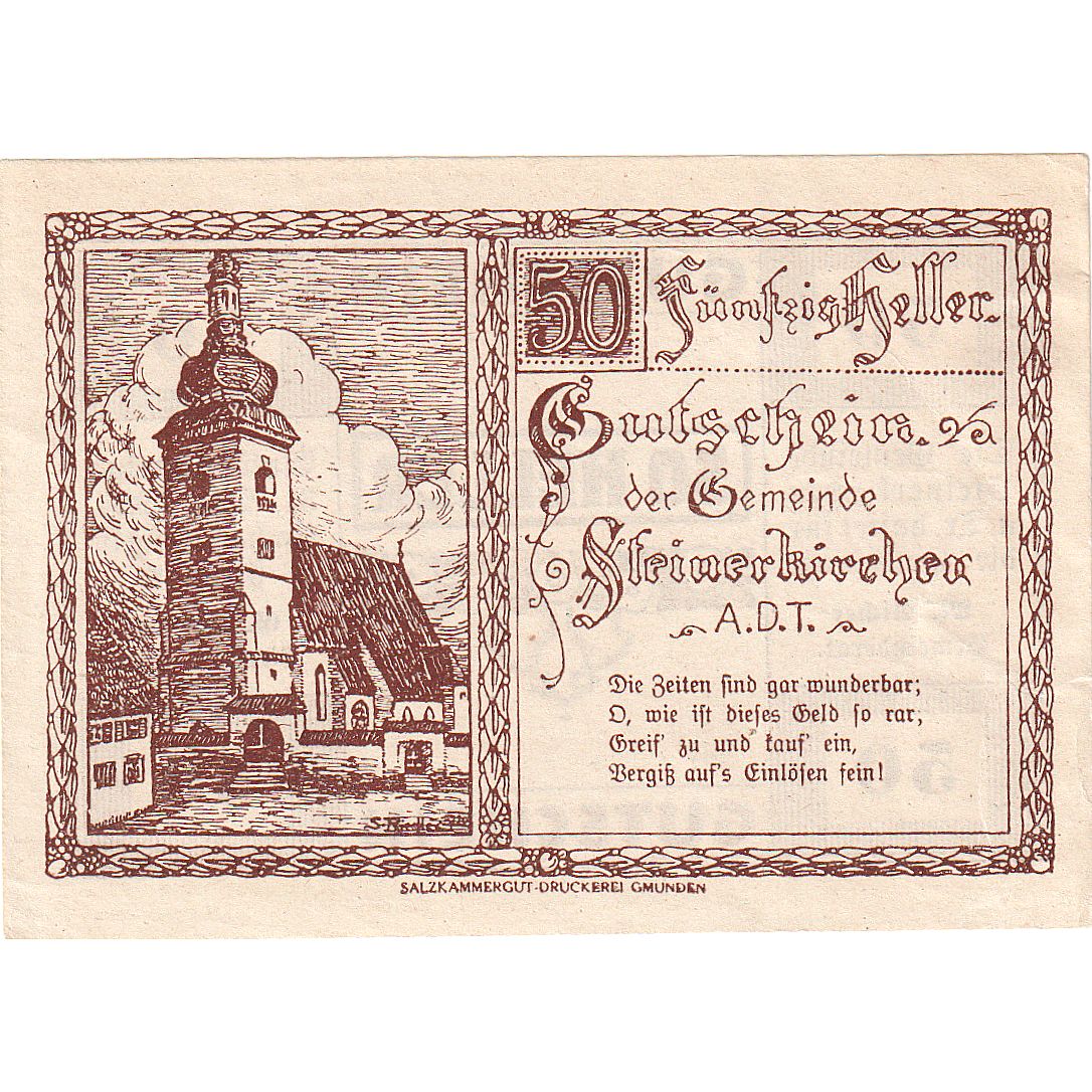 Biljet, Oostenrijk, Steinerkirchen, 50 Heller, Eglise, 1920 SUP Mehl:FS 1029I