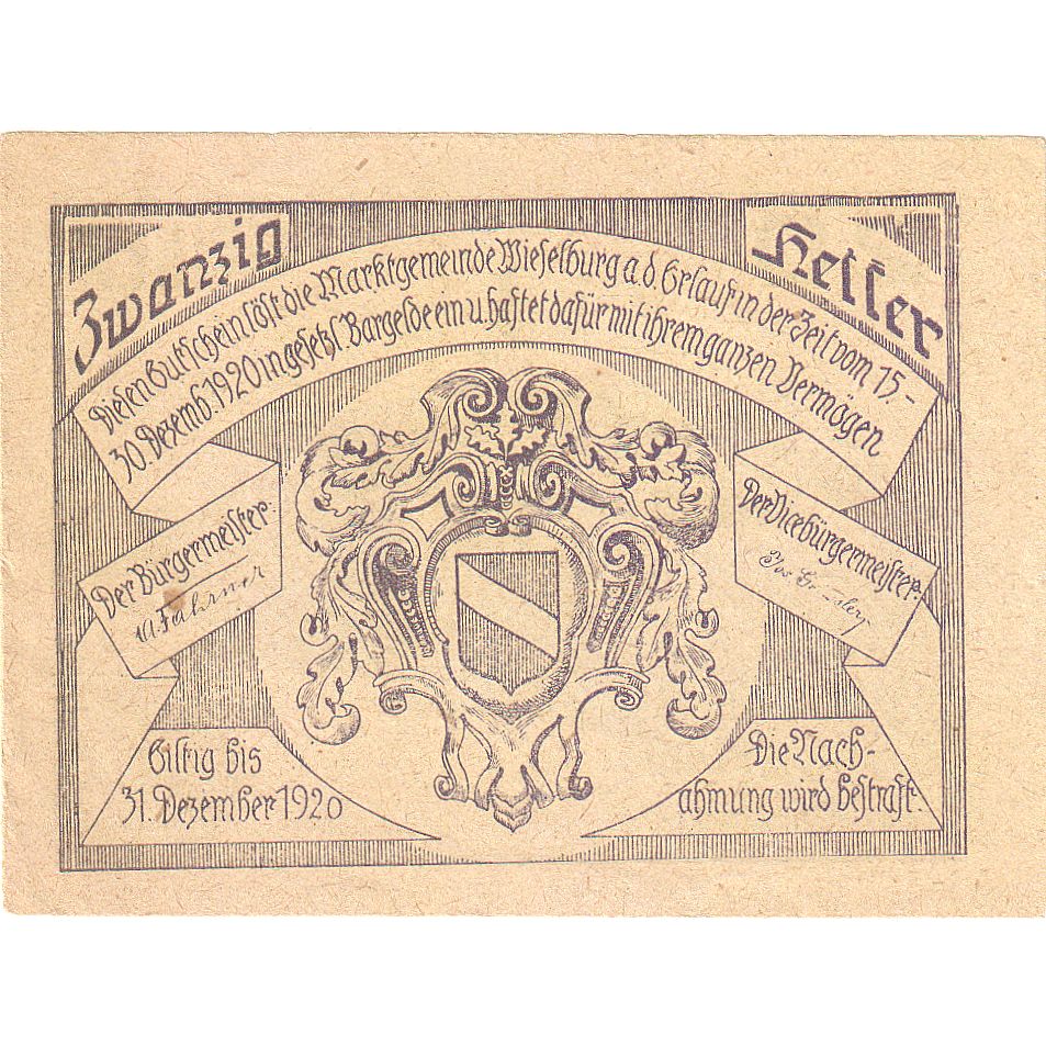 Biljet, Oostenrijk, Wieselburg, 20 Heller, village, 1920 SPL Mehl:FS 1231a