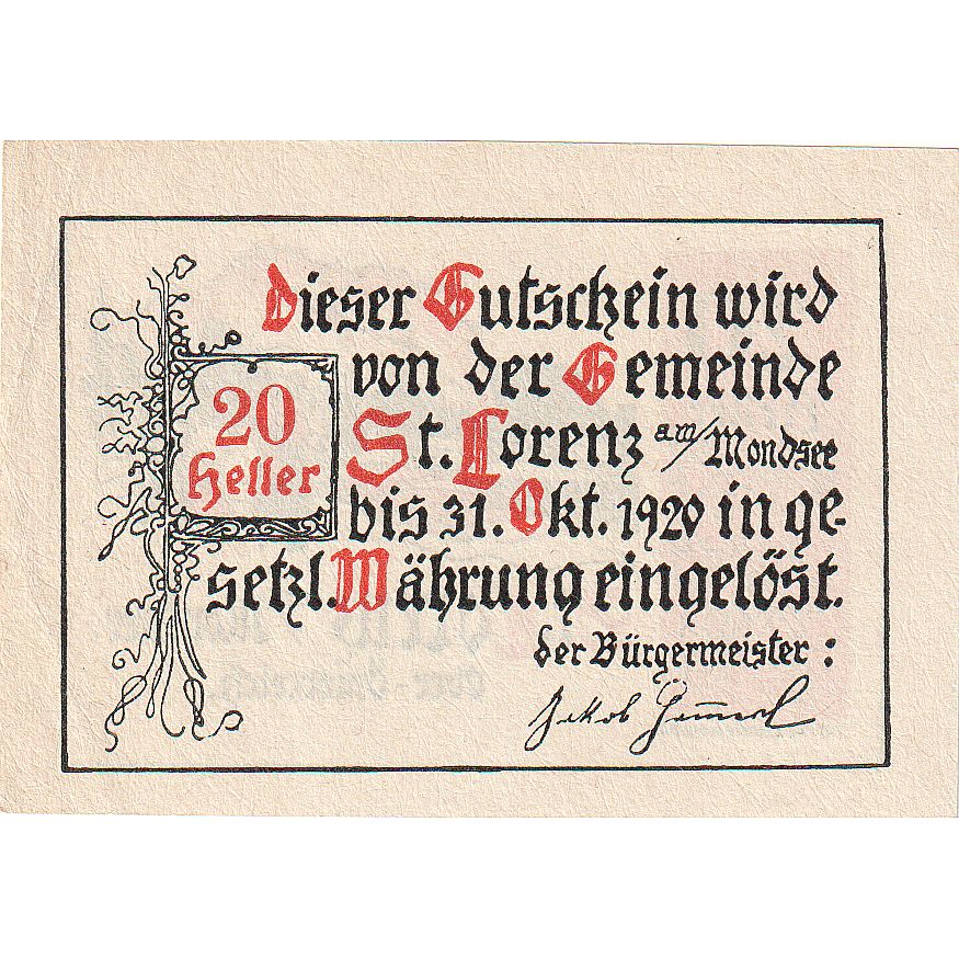 Biljet, Oostenrijk, St Lorenz, 20 Heller, paysage, 1920 SPL Mehl:FS 904a