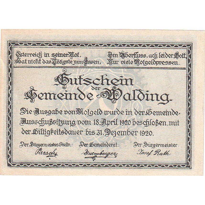 Biljet, Oostenrijk, Walding, 20 Heller, Eglise 1920-12-31, SPL Mehl:FS 1132a