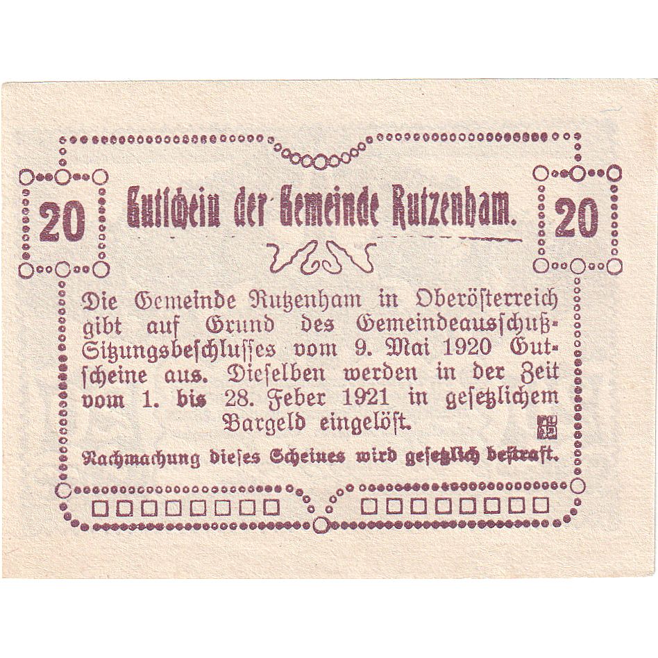 Biljet, Oostenrijk, Rutzenham, 20 Heller, Eglise 1921-02-28, SPL Mehl:FS 858Ib
