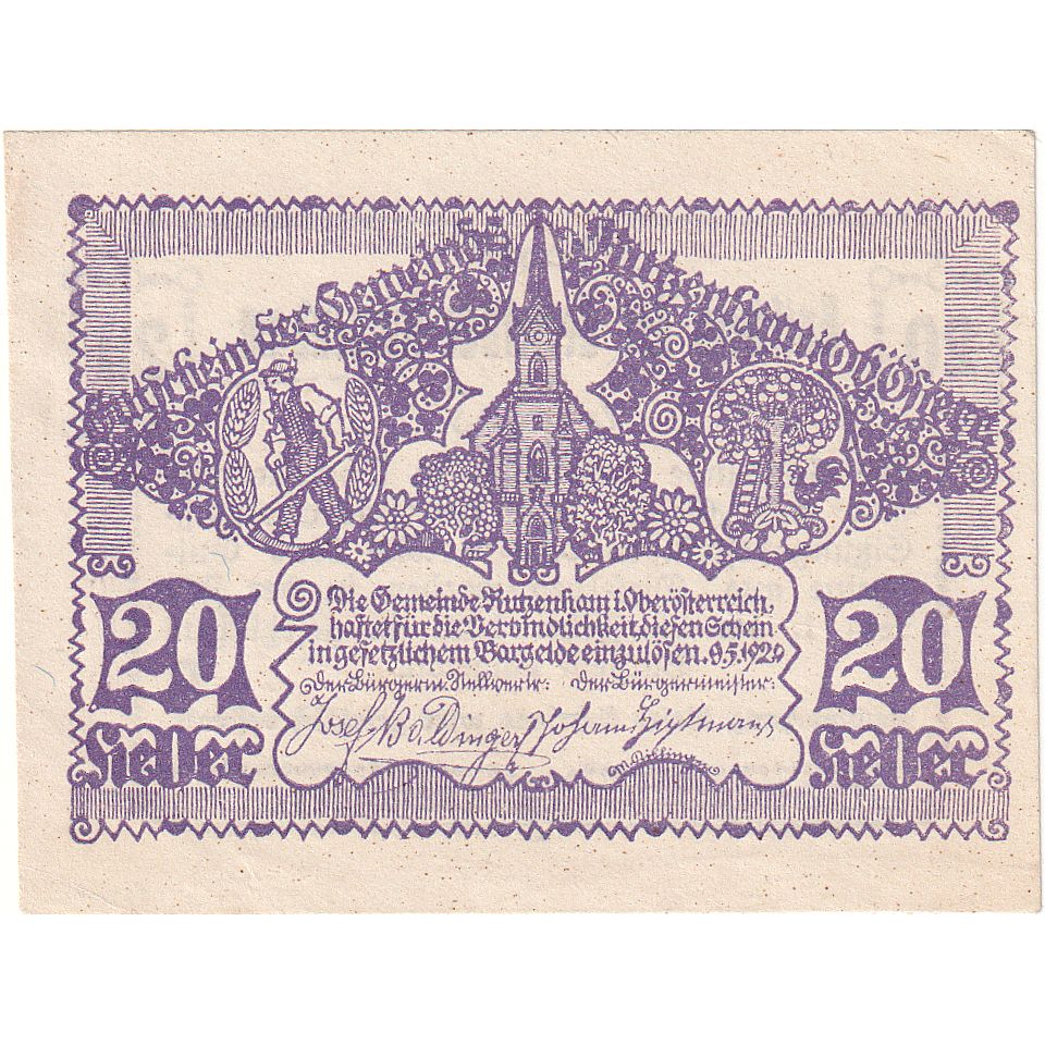 Biljet, Oostenrijk, Rutzenham, 20 Heller, Eglise 1921-02-28, SPL Mehl:FS 858Ib
