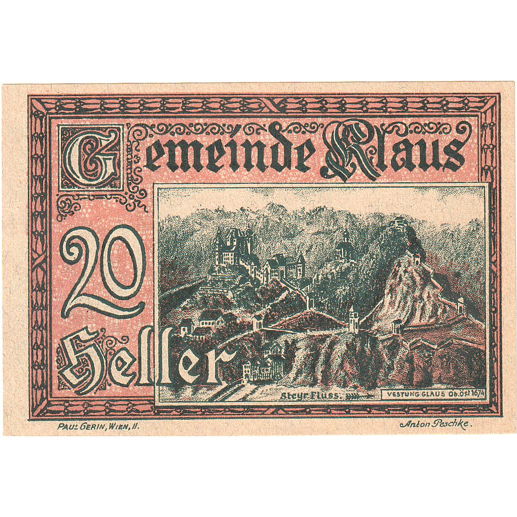 Biljet, Oostenrijk, Klaus, 20 Heller, château 1920-03-27, SPL Mehl:FS 454Ia
