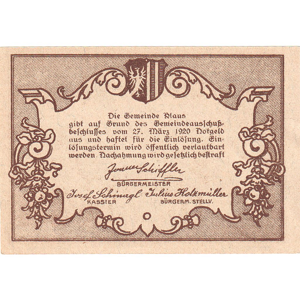 Biljet, Oostenrijk, Klaus, 20 Heller, château 1920-03-27, SPL Mehl:FS 454Ia