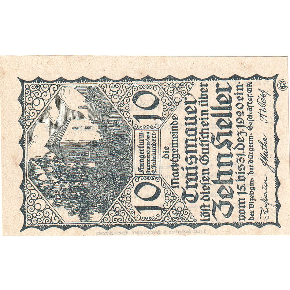 Biljet, Oostenrijk, Traismauer, 10 Heller, château, 1920 SPL Mehl:FS 1078II