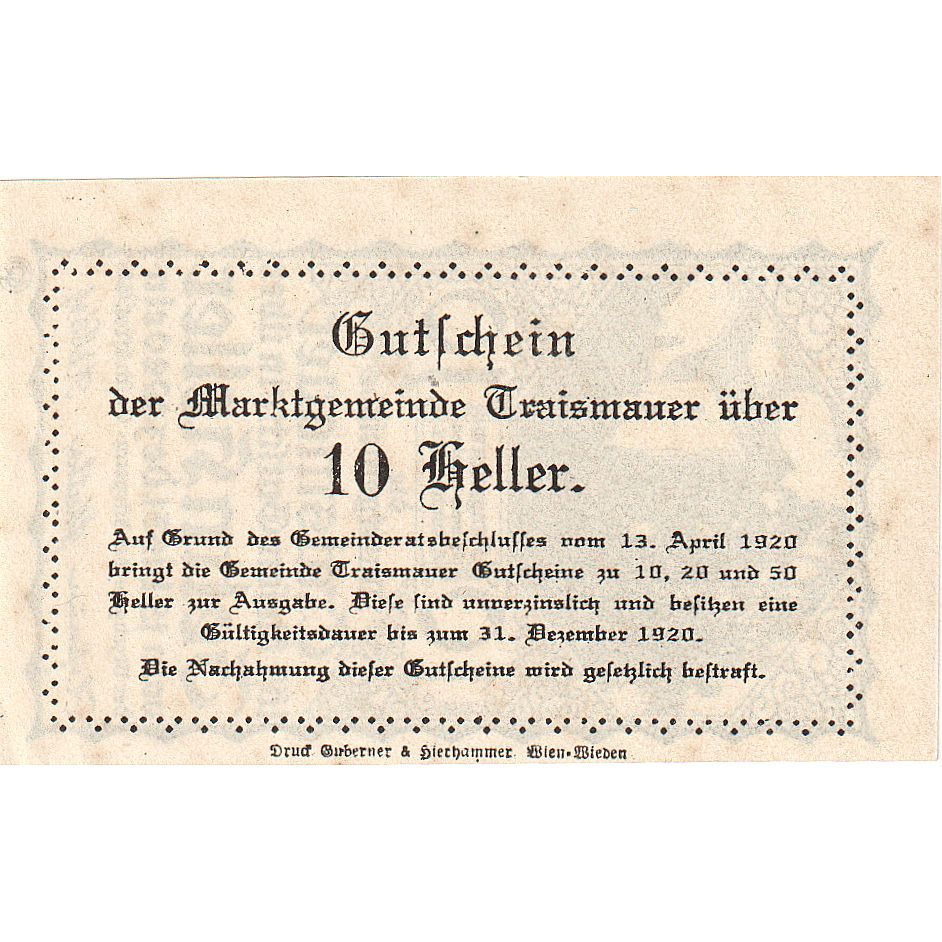 Biljet, Oostenrijk, Traismauer, 10 Heller, château, 1920 SPL Mehl:FS 1078II