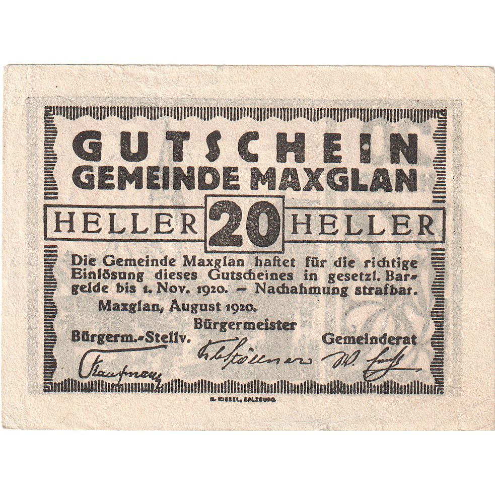Biljet, Oostenrijk, Maxglan, 20 Heller, Eglise 1920-11-01, SPL Mehl:FS 602a