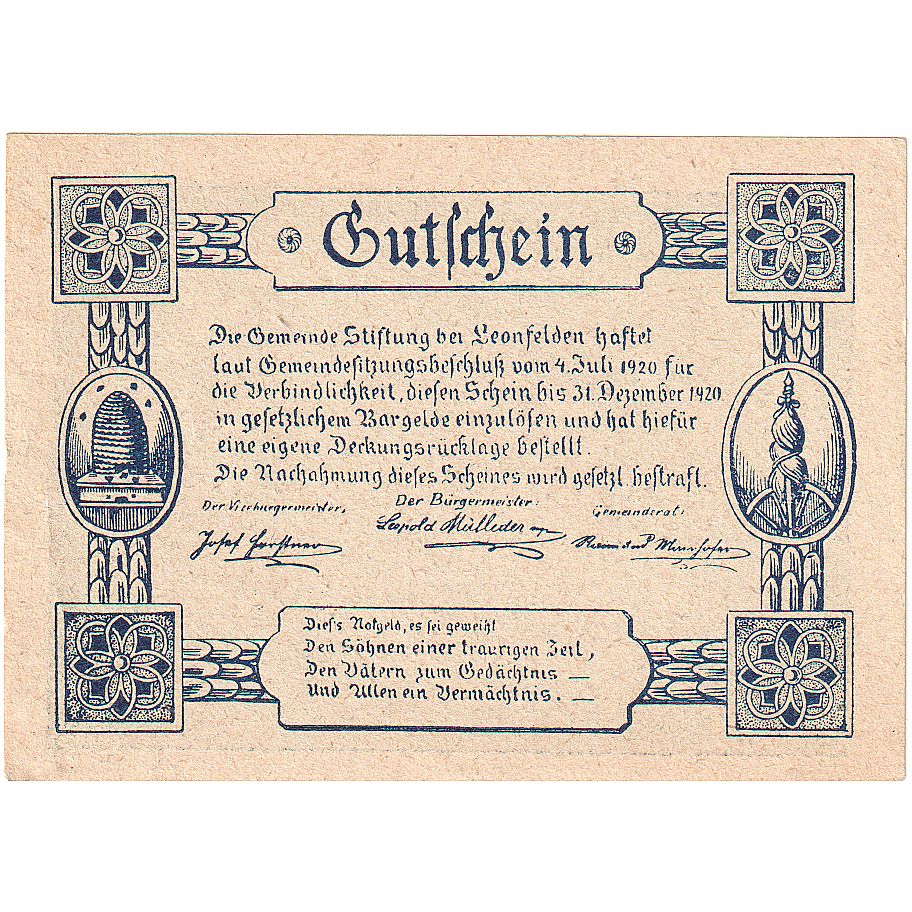 Biljet, Oostenrijk, Leonfelden, 50 Heller, parc 1920-12-31, SPL Mehl:FS 1037a