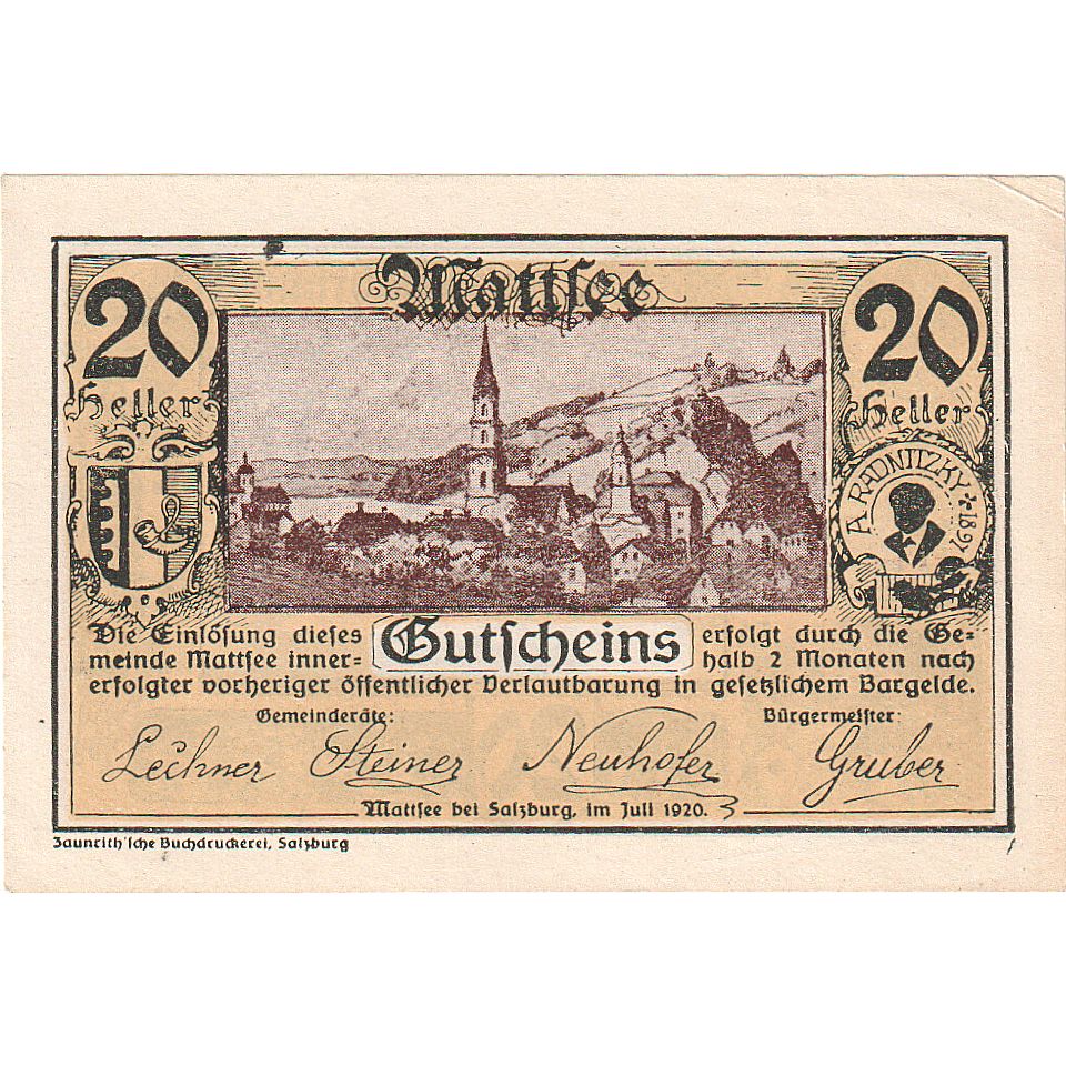Biljet, Oostenrijk, Mattsee, 20 Heller, village, 1920, SPL, Mehl:FS 596a