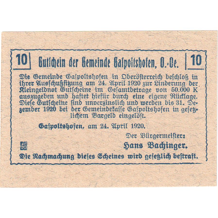 Autriche, Gaspoltshofen, 10 Heller, champs, 1920, 1920-12-31, SPL, Mehl:FS 225a1