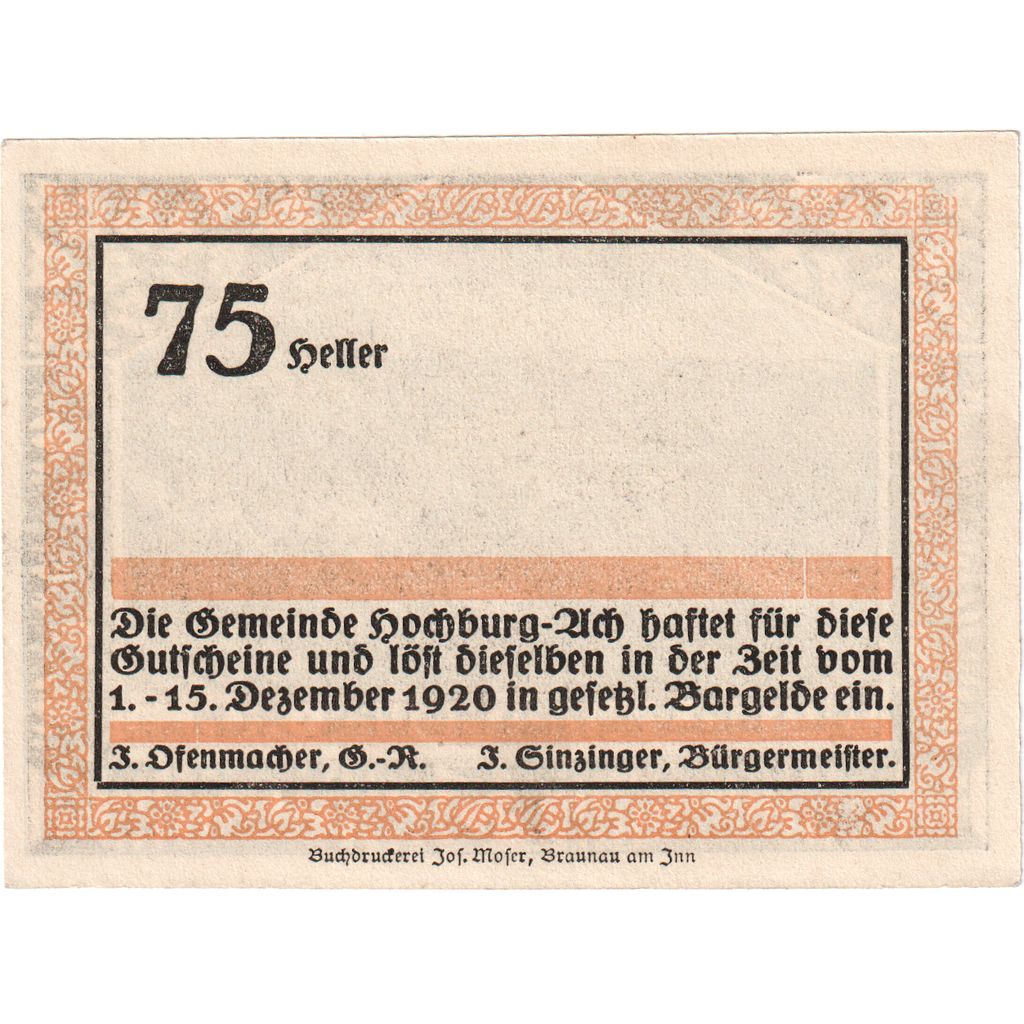 Autriche, Hochburg-Ach, 75 Heller, paysage, 1920, 1920-12-15, SPL