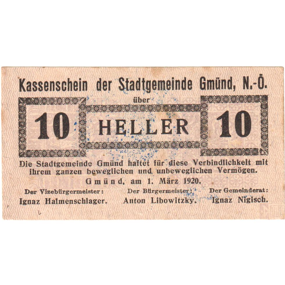Autriche, Gmünd, 10 Heller, Texte, 1920, 1920-12-31, SUP, Mehl:FS 239a1.1