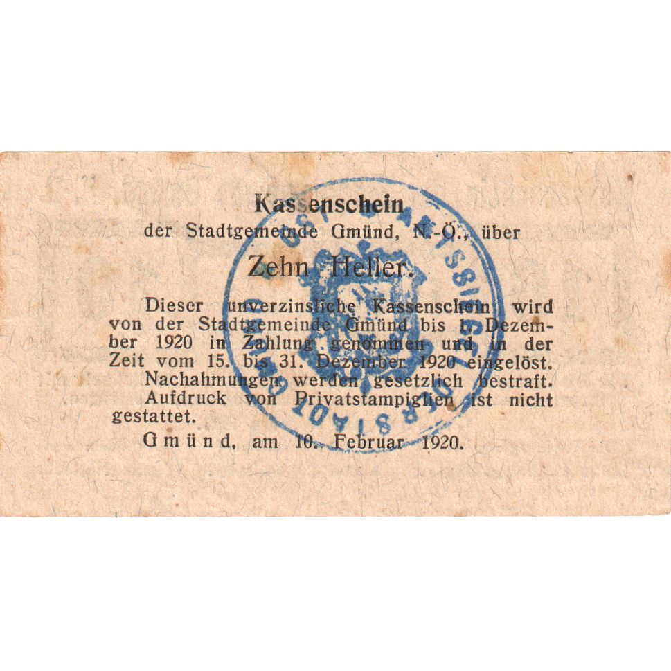 Autriche, Gmünd, 10 Heller, Texte, 1920, 1920-12-31, SUP, Mehl:FS 239a1.1