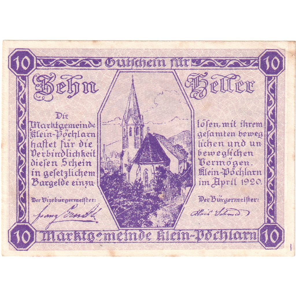 Autriche, Klein Pöchlarn, 10 Heller, Eglise 1920-12-31, SPL, Mehl:FS 457a