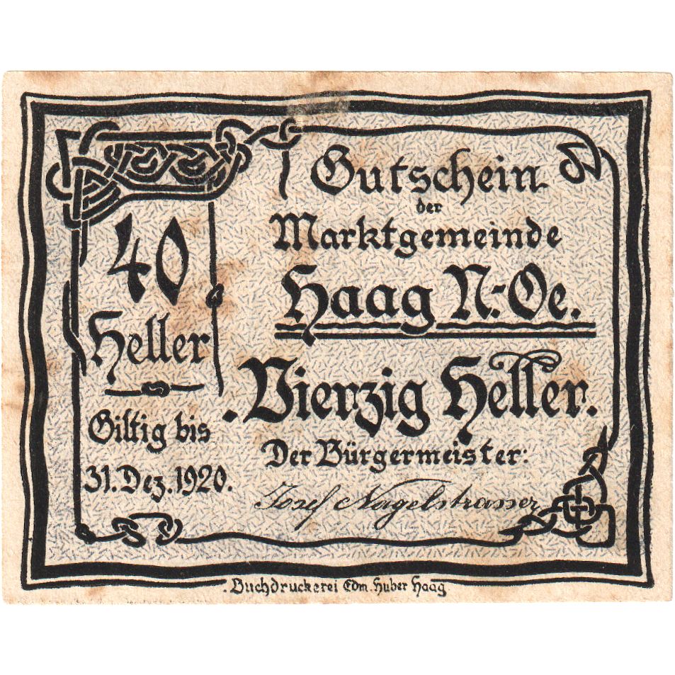 Autriche, Haag, 40 Heller, Ville, 1920, 1920-12-31, TTB, Mehl:FS 318IVb