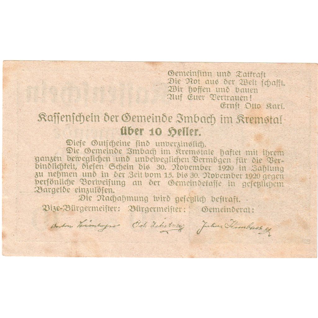 Austria, Imbach, 10 Heller, Eglise, 1920, 1920-12-31, AU(55-58), Mehl:FS 404Ic