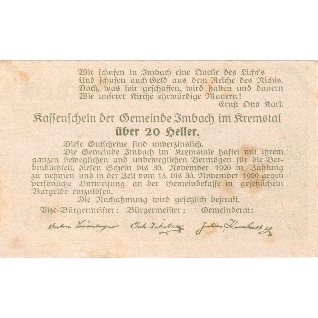 Autriche, Imbach, 20 Heller, paysage, 1920, 1920-12-31, SUP, Mehl:FS 404Ic