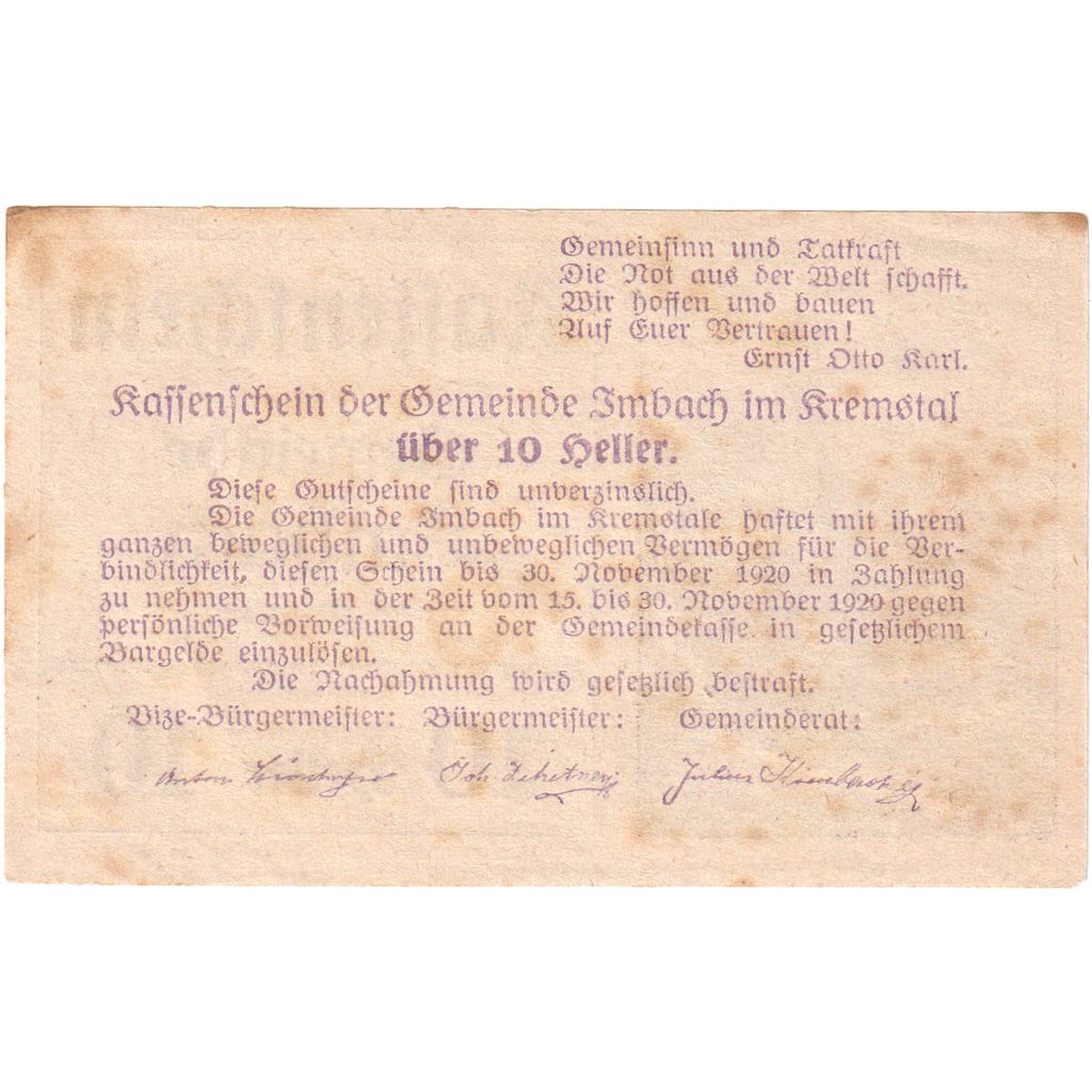 Austria, Imbach, 10 Heller, Eglise, 1920, 1920-12-31, AU(55-58), Mehl:FS 404IIc