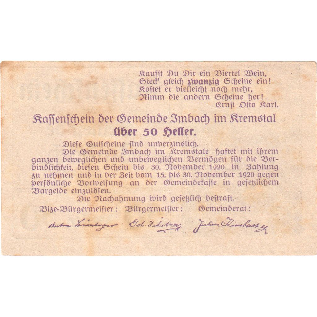 Autriche, Imbach, 50 Heller, Eglise, 1920, 1920-12-31, SUP, Mehl:FS 404IIc