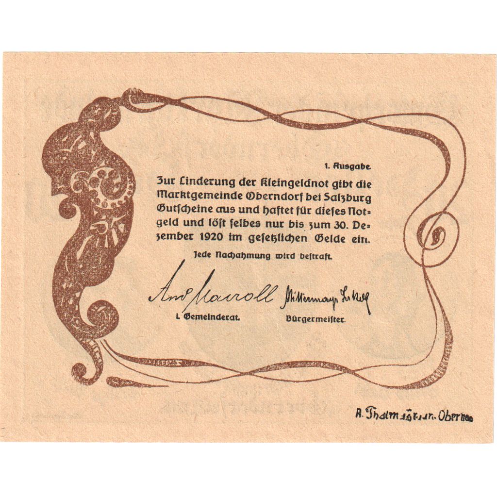 Autriche, Oberndorf, 20 Heller, portrait, 1920, 1920-12-31, SPL, Mehl:FS 690a