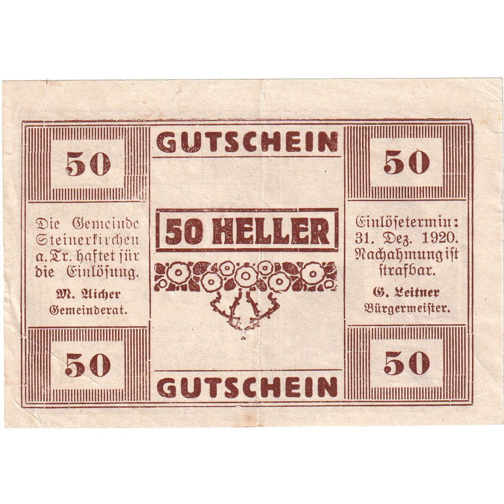 Oostenrijk, Steinerkirchen, 50 Heller, Eglise 1920-12-31, TTB, Mehl:FS 1029I
