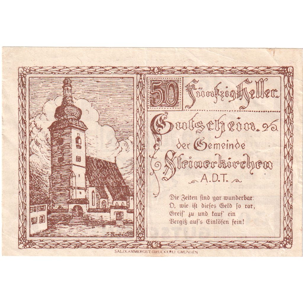 Oostenrijk, Steinerkirchen, 50 Heller, Eglise 1920-12-31, TTB, Mehl:FS 1029I