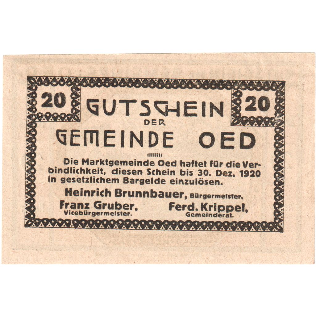 Austria, Oed, 20 Heller, paysage, 1920, 1920-12-31, UNC(63), Mehl:FS 703a