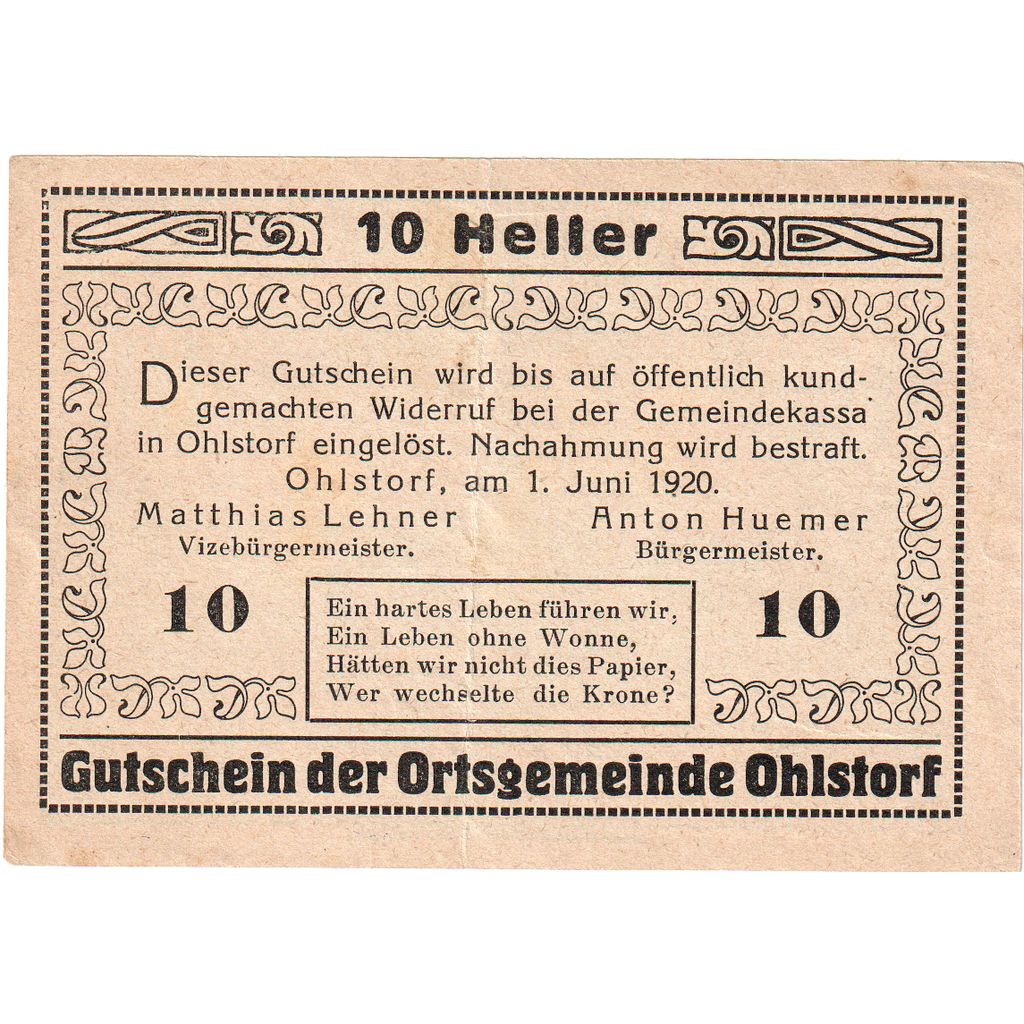 Autriche, Ohlstorf, 10 Heller, village, 1920, SPL, Mehl:FS 708b