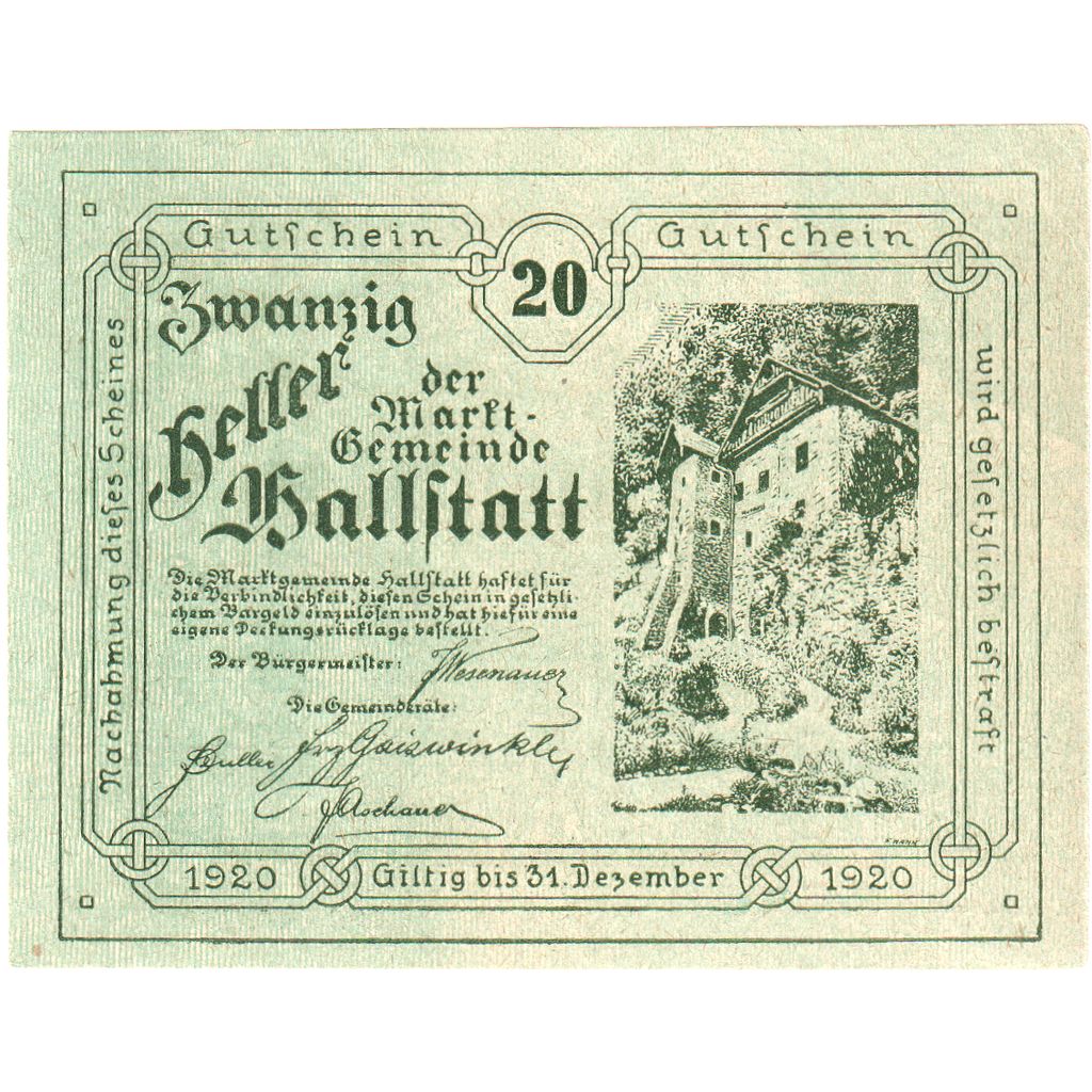 Autriche, Hallstatt, 20 Heller, château, 1920, 1920-12-31, SPL, Mehl:FS 345