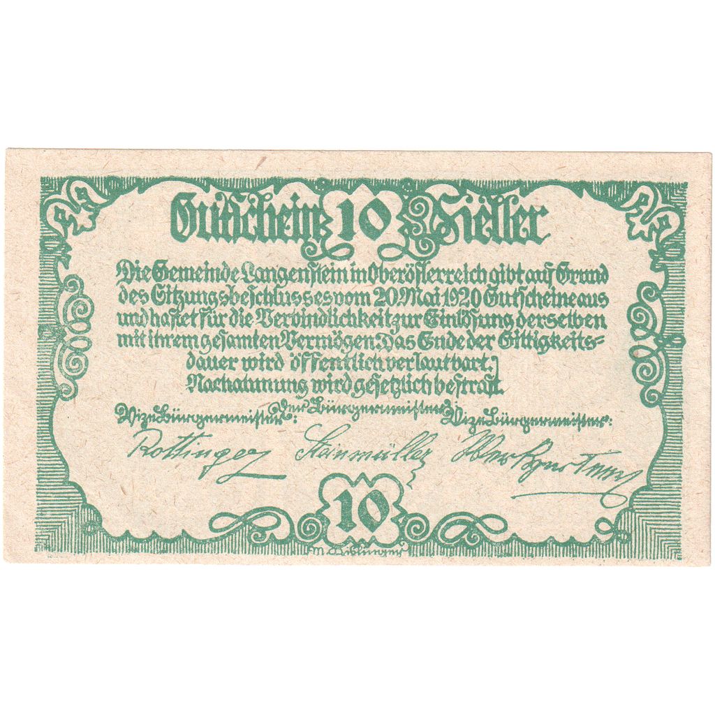 Oostenrijk, Langenstein, 10 Heller, château, 1920, SPL, Mehl:FS 502a