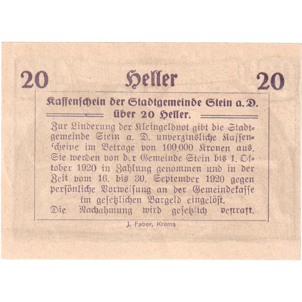 Oostenrijk, Stein an der Donau, 20 Heller, paysage 1920 SPL Mehl:FS 1015I.1