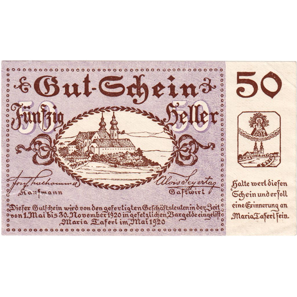 Austria, Maria Taferl, 50 Heller, Eglise 1920-11-30, UNC(63), Mehl:FS 589a