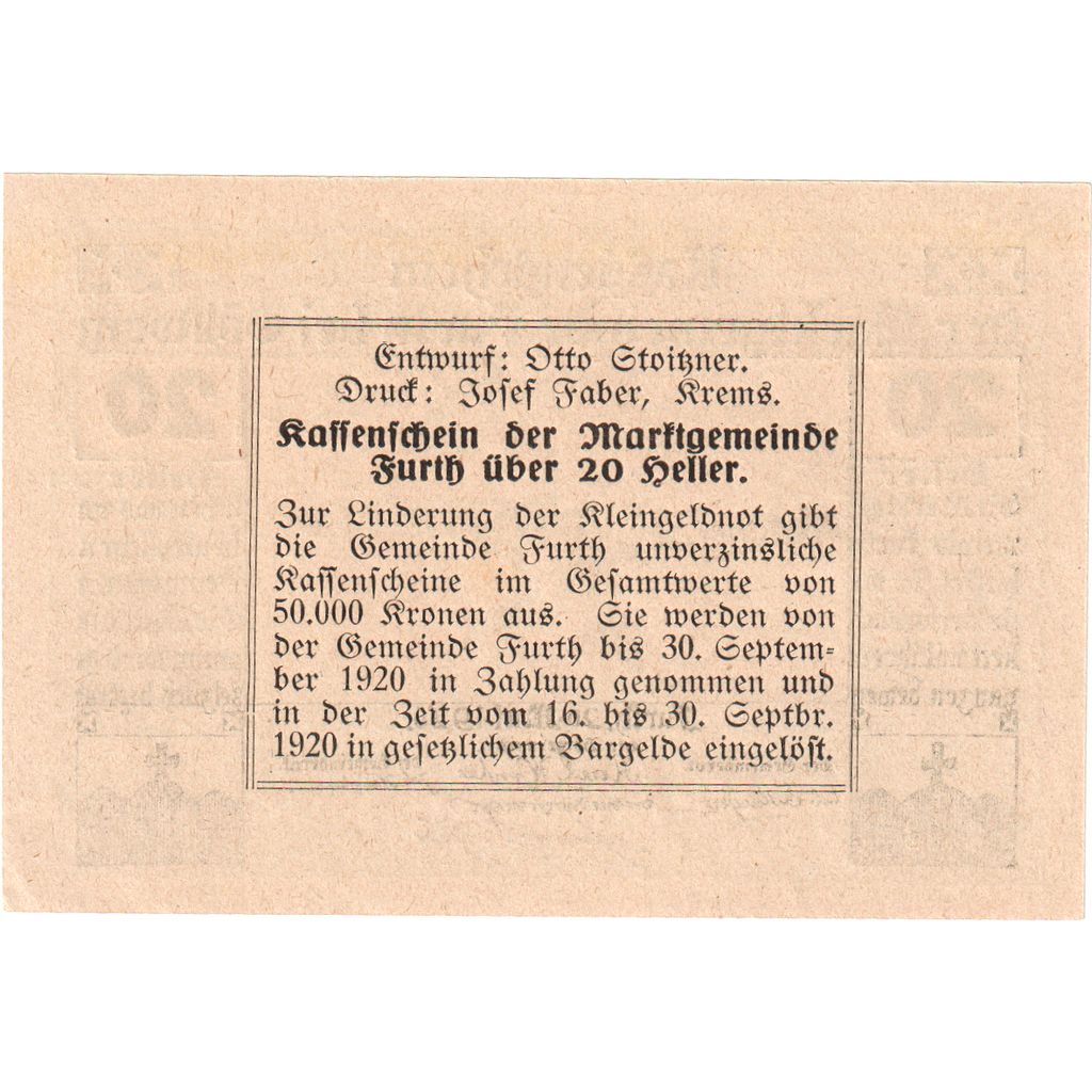 Autriche, Furth, 20 Heller, village, 1920, 1920-09-30, SPL, Mehl:FS 214b