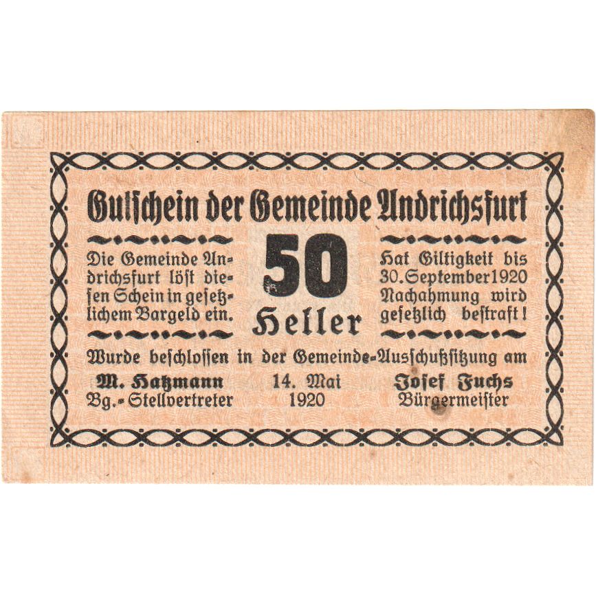 Österreich, Andrichsfurt, 50 Heller, Texte, 1920, 1920-09-30, UNZ-, Mehl:FS 41