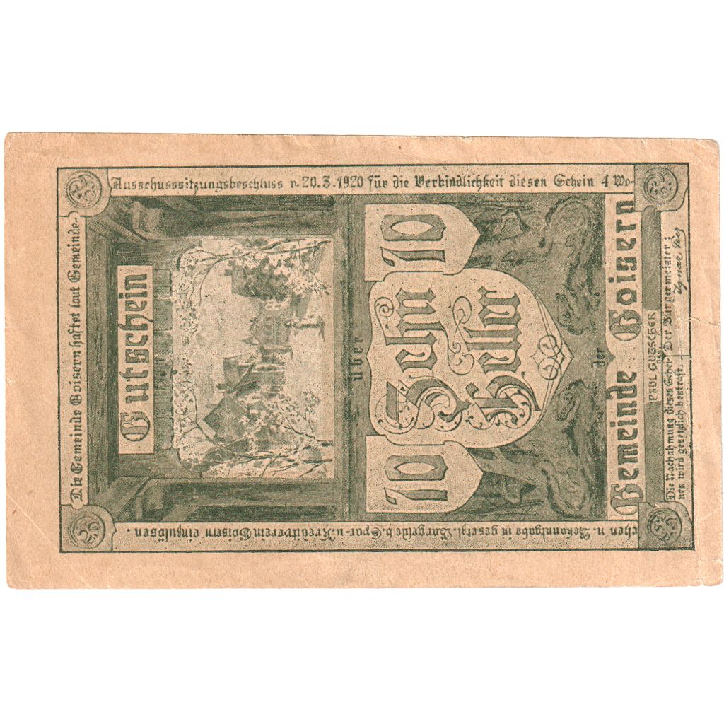 Austria, Goisern, 10 Heller, Blason, 1920, EF(40-45), Mehl:FS 247I
