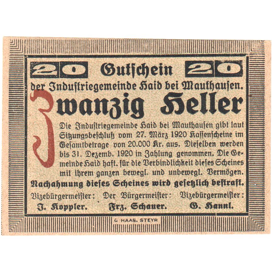 Austria, Mauthausen, 20 Heller, village 1920-12-31, UNC(63) Mehl:FS 334Ib