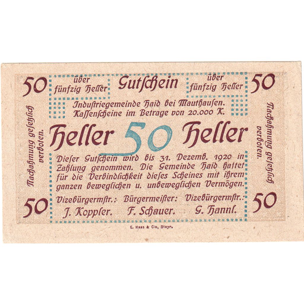 Autriche, Mauthausen, 50 Heller, cimetière, 1920, 1920-12-31, SPL, Mehl:FS 334Ia