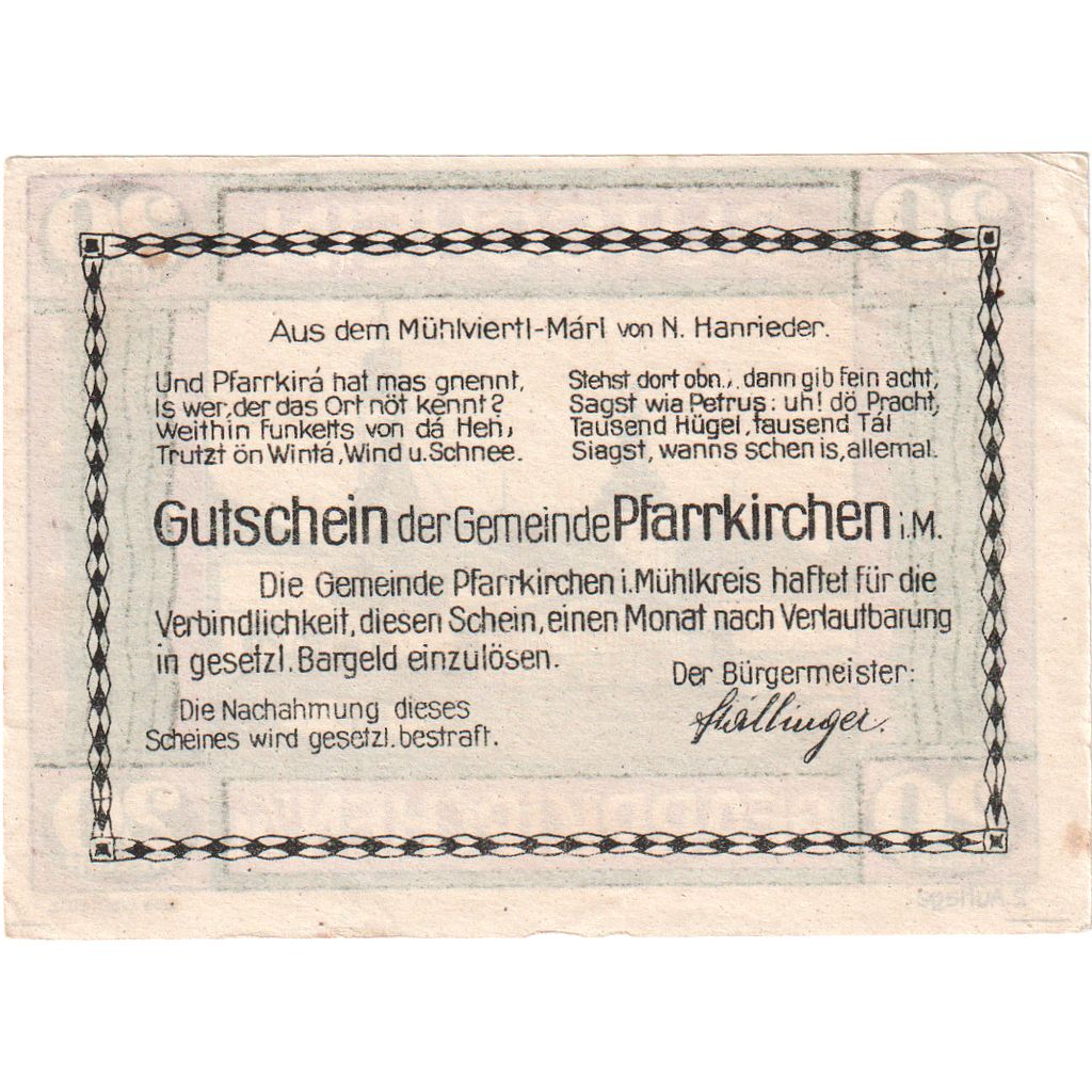 Autriche, Pfarrkirchen, 20 Heller, Eglise, 1920, SPL, Mehl:FS 744IIe